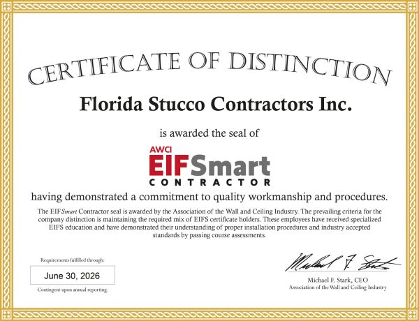 certificate of distinction Florida Stucco Contractors Inc